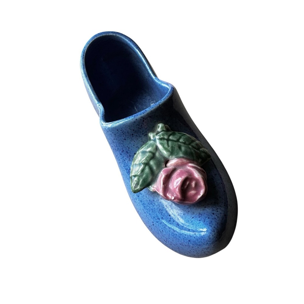 McCoy‎ 1940s Vintage Blue Dutch Clog Shoe w/ Pink Rose Planter USA 7.5 Inch